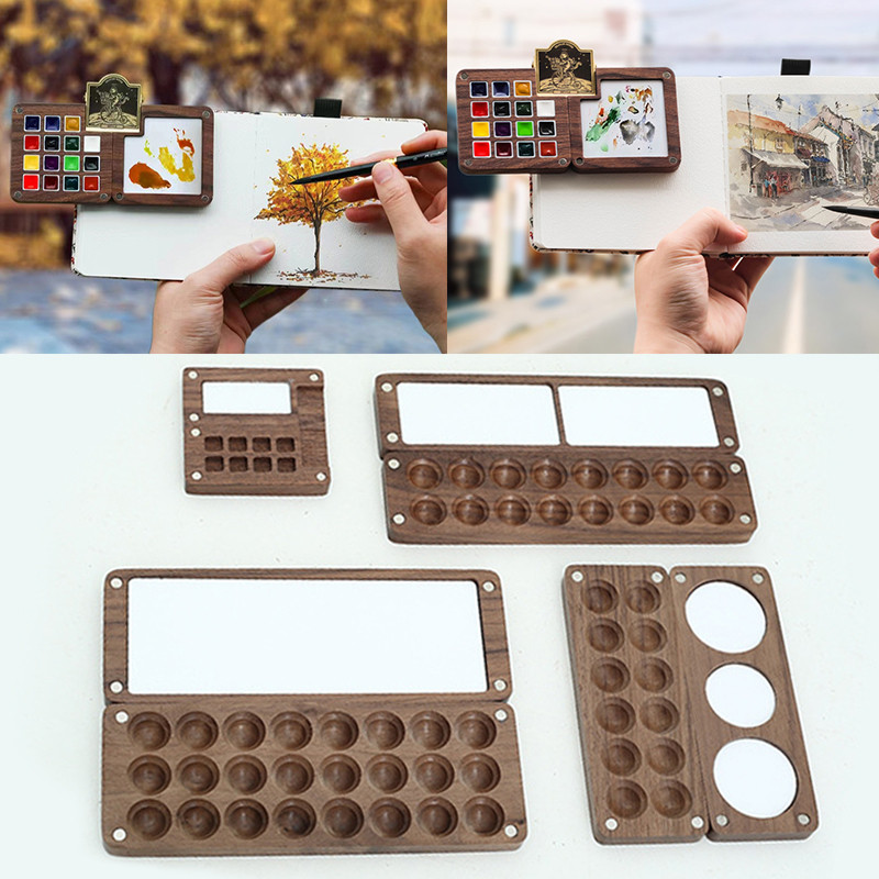 Nešiojami kelioniniai mediniai rankų darbo akvarelinių dažų paletės aliejinių dažų dėklo dėžutė tuščia dėžutė mini juodo riešutmedžio dažų dėžutės dažų tiekimas