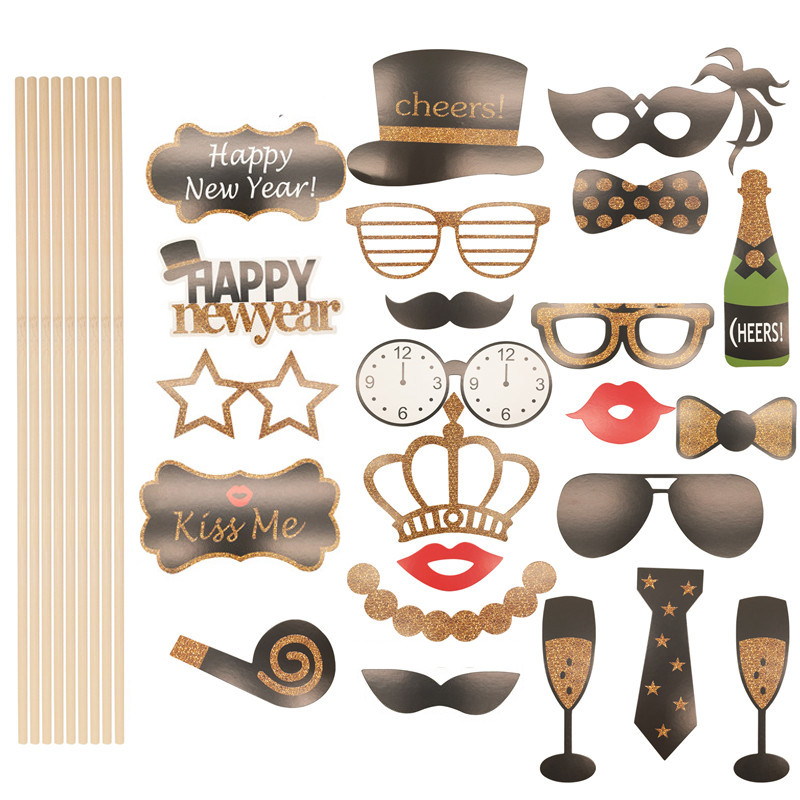 1 zacskó 2023 Boldog Új Évet Balloon Photo Booth kellékek Pezsgősüveg ajak pálcikán Újévi buli dekoráció fotó kellékek