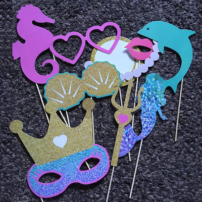 Chicinlife 10Pcs Mermaid Photo Booth Props Girl Birthday Party Baby Shower Wedding Mermaid Photobooth Props Decor Supplies