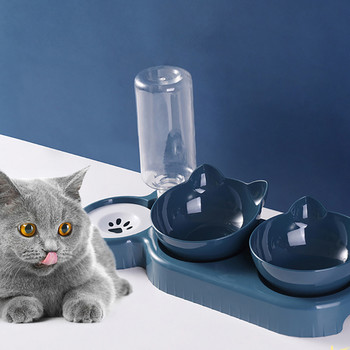 Pet Cat Bowl 3-в-1 Автоматична хранилка Диспенсер Dog Cat Food Bowl с повдигната стойка за пиене Двойни купички за котки Кучета