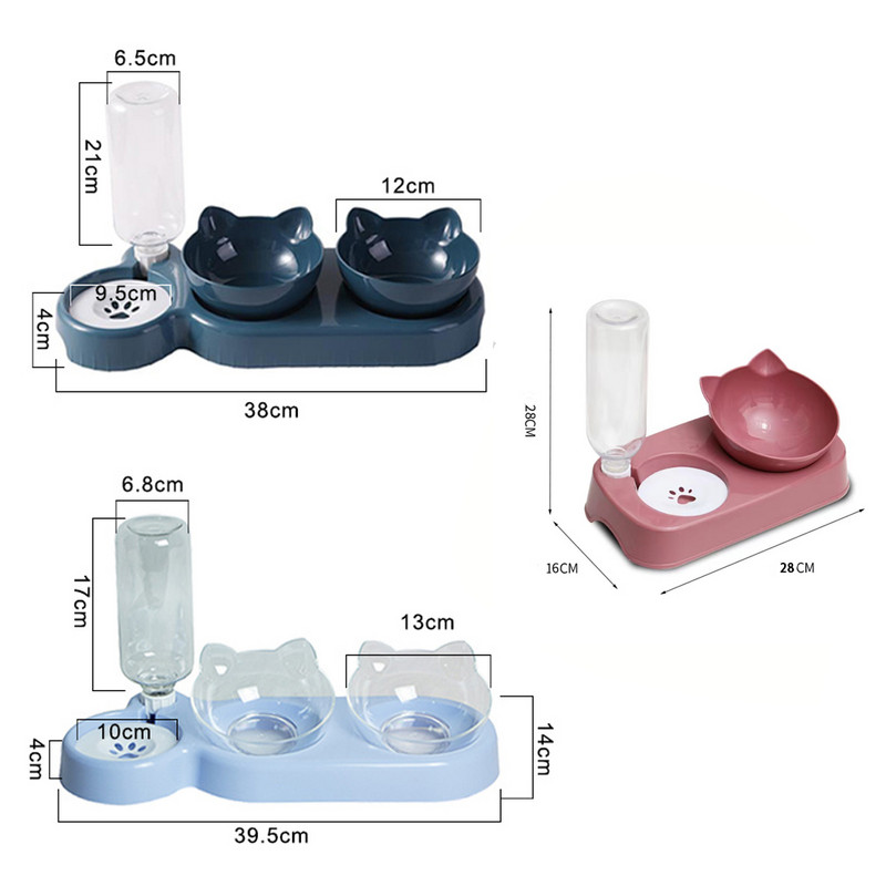 Mājdzīvnieku kaķu bļoda 3-in-1 automātiskais padeves dozators suņu kaķu barības bļoda ar paceltu dzeramo statīvu Divu trauku trauki kaķiem, suņiem