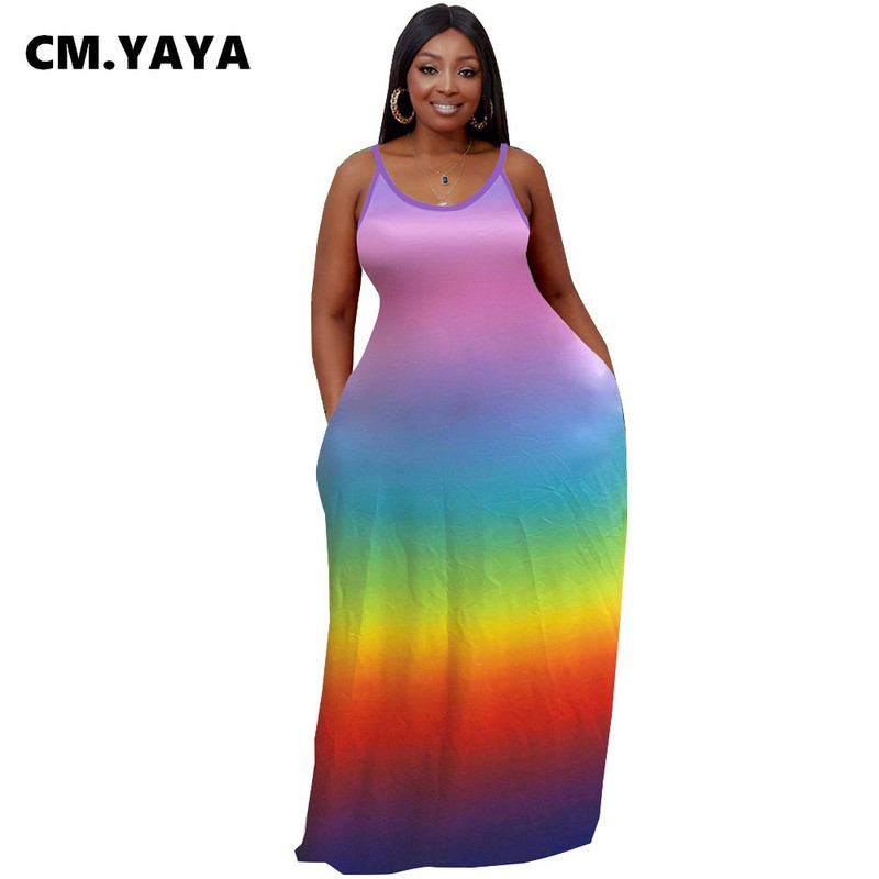 CM.YAYA sieviešu lielizmēra kleita varavīksnes krāsā bez piedurknēm, elastīga, brīva gara kleita, ikdienišķs apģērbs, 2021. gada vasara