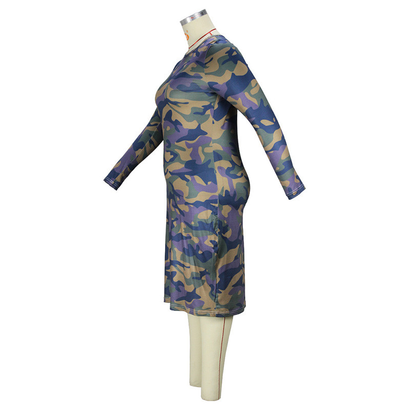 Őszi divat terepszínű nyomtatás Anglia nagy méretű ruhák női kerek nyakú kötött hosszú ujjú táska csípő lábszárközépig érő ruhák