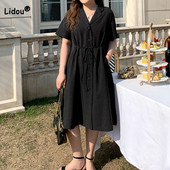 Vasaras apģērbi sievietēm Melns Daudzpusīgs Pogas Ikdienišķs Robots Kakls Liela izmēra pārsējs ar īsām piedurknēm kabatas ikru vidus kleitas