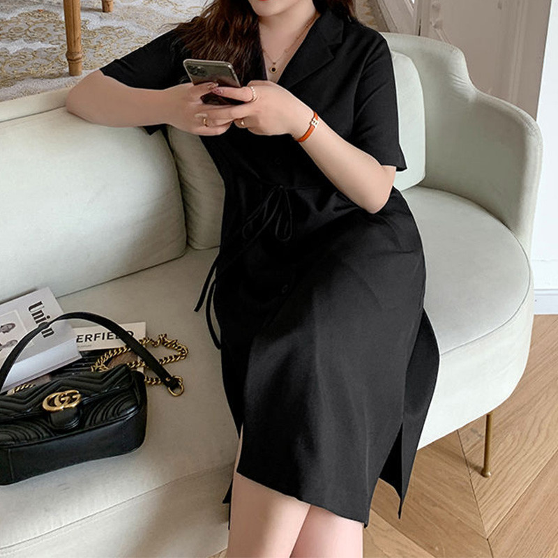 Vasaras apģērbi sievietēm Melns Daudzpusīgs Pogas Ikdienišķs Robots Kakls Liela izmēra pārsējs ar īsām piedurknēm kabatas ikru vidus kleitas