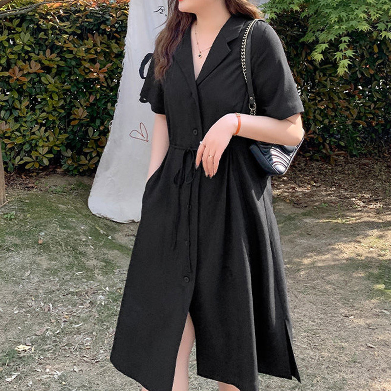 Vasaras apģērbi sievietēm Melns Daudzpusīgs Pogas Ikdienišķs Robots Kakls Liela izmēra pārsējs ar īsām piedurknēm kabatas ikru vidus kleitas