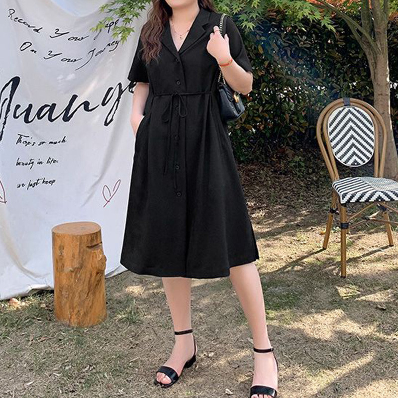Vasaras apģērbi sievietēm Melns Daudzpusīgs Pogas Ikdienišķs Robots Kakls Liela izmēra pārsējs ar īsām piedurknēm kabatas ikru vidus kleitas