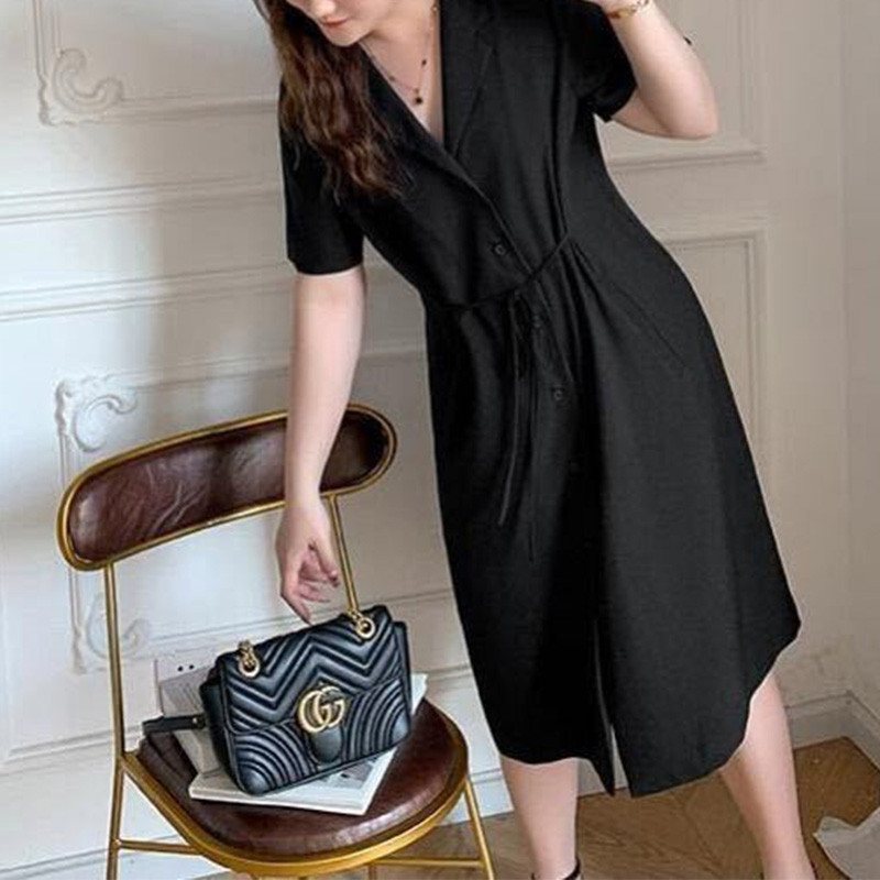 Vasaras apģērbi sievietēm Melns Daudzpusīgs Pogas Ikdienišķs Robots Kakls Liela izmēra pārsējs ar īsām piedurknēm kabatas ikru vidus kleitas
