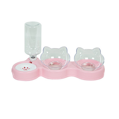 Pet Cat Bowl Автоматична хранилка 3-в-1 Dog Cat Food Bowl с воден фонтан Двойна купа Пиене Повдигната стойка Купи за съдове за котки