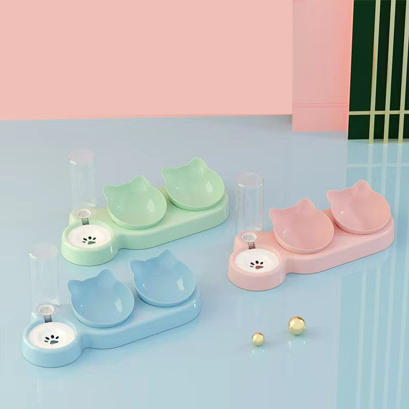 Mājdzīvnieku kaķu bļodas automātiskais padevējs 3-in-1 suņu kaķu barības bļoda ar ūdens strūklaku, dubultā bļoda dzeršanai, pacelta trauka trauku trauki kaķiem