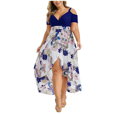 Seksīga, dziļa V veida kakla izgriezums, melns raibs, bohēmiska apdruka sievietēm ar īsām piedurknēm, liela izmēra, neregulāra kleita ar augstu vidukli