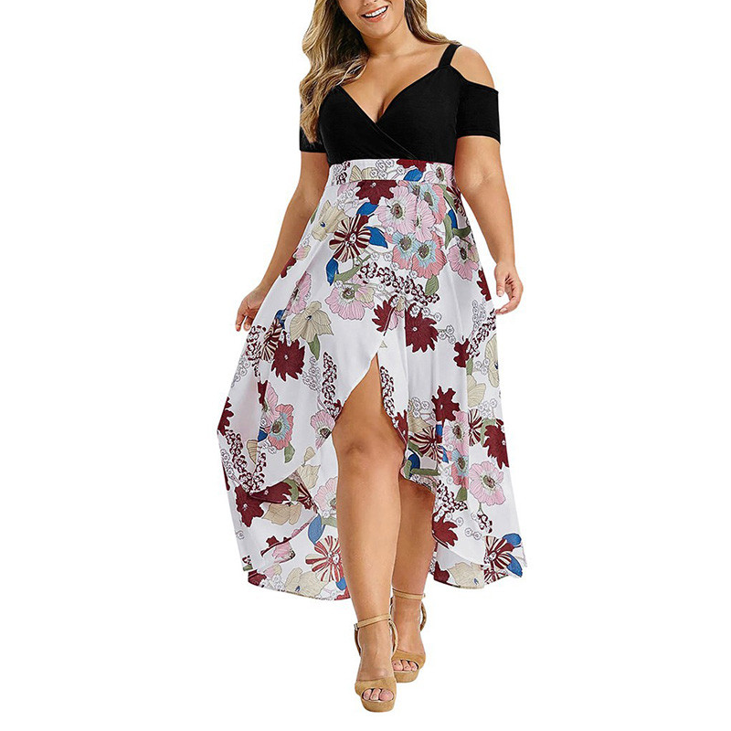 Seksīga, dziļa V veida kakla izgriezums, melns raibs, bohēmiska apdruka sievietēm ar īsām piedurknēm, liela izmēra, neregulāra kleita ar augstu vidukli