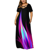 Új, határokon átnyúló női ruházati kívánság, színátmenetes pozicionálás, nyomott V-nyakú, rövid ujjú plusz méretű zsebruha, hosszú ruha