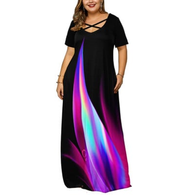 Új, határokon átnyúló női ruházati kívánság, színátmenetes pozicionálás, nyomott V-nyakú, rövid ujjú plusz méretű zsebruha, hosszú ruha