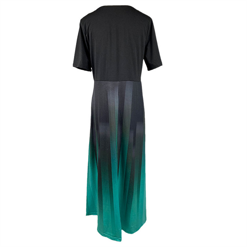 Új, határokon átnyúló női ruházati kívánság, színátmenetes pozicionálás, nyomott V-nyakú, rövid ujjú plusz méretű zsebruha, hosszú ruha