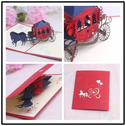 Kāzu kariete 3D papīrs Ielūgumu kartīte Pasākumu kāzu apsveikuma kartīte Valentīndienas uznirstošā kartīte ballīšu ielūgumi piederumi