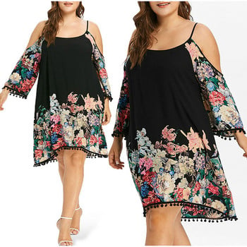 Plus Size Contrast Floral Print Cold Shoulder φόρεμα 5XL Καλοκαιρινή ανοιξιάτικη σπαγγέτι με φούντα μακρυμάνικο φορέματα πάρτι Vestidos