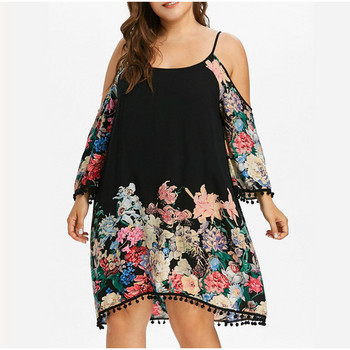 Plus Size Contrast Floral Print Cold Shoulder φόρεμα 5XL Καλοκαιρινή ανοιξιάτικη σπαγγέτι με φούντα μακρυμάνικο φορέματα πάρτι Vestidos