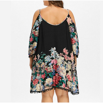 Plus Size Contrast Floral Print Cold Shoulder φόρεμα 5XL Καλοκαιρινή ανοιξιάτικη σπαγγέτι με φούντα μακρυμάνικο φορέματα πάρτι Vestidos