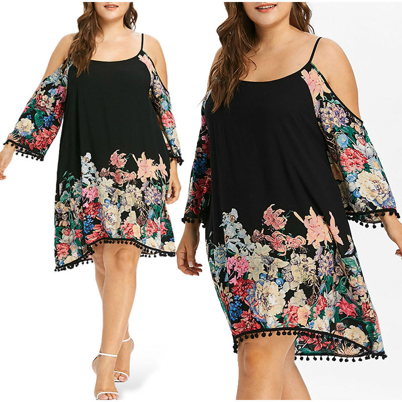 Liela izmēra kontrasta ziedu apdruka auksta plecu kleita 5XL vasaras pavasara spageti siksniņa pušķis ar garām piedurknēm ballītes kleitas Vestidos