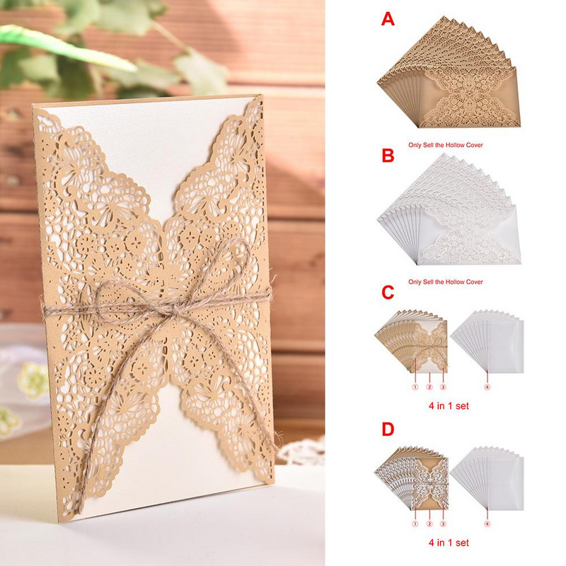 10 gab. Eiropas stila eleganti, smalki grebti mežģīnes kāzu ballīšu ielūgumi kartītes apsveikuma kartītes ballīšu piederumi