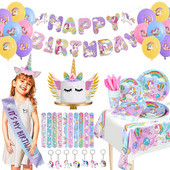 Varavīksnes vienradžu ballīšu baloni vienreizlietojamie galda piederumi dāvanu maisiņi bērniem, vienradzis, dzimšanas dienas ballītes dekorēšanas piederumi