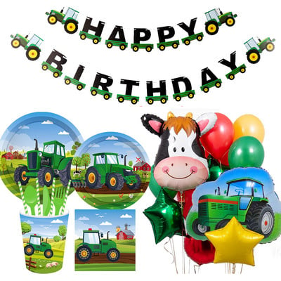 1 комплект Картонени трактори с тематика на фермата Еднократни съдове за хранене Честит рожден ден Банери за камион за Декор за рожден ден на селскостопански трактор на момче