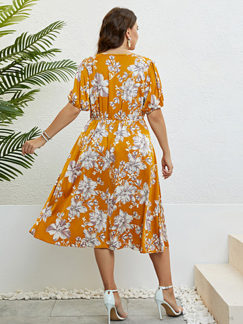 Γυναικείο φόρεμα floral print Boho καλοκαιρινή ρόμπα κοντομάνικο ελαστική μέση A Line Swing Maxi Φορέματα V λαιμόκοψη