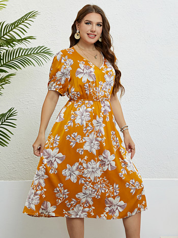 Γυναικείο φόρεμα floral print Boho καλοκαιρινή ρόμπα κοντομάνικο ελαστική μέση A Line Swing Maxi Φορέματα V λαιμόκοψη