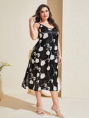 Liela izmēra zīda mežģīnes bez piedurknēm Seksīga sieviešu kleita ar V kakla izgriezumu, melna, balta ar ziedu apdruku vasaras halāts, sānos sadalīts spageti siksnas audums