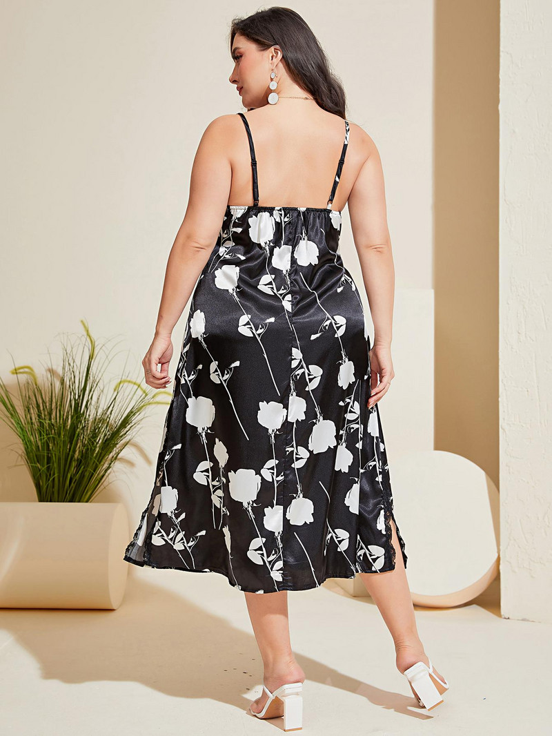 Liela izmēra zīda mežģīnes bez piedurknēm Seksīga sieviešu kleita ar V kakla izgriezumu, melna, balta ar ziedu apdruku vasaras halāts, sānos sadalīts spageti siksnas audums