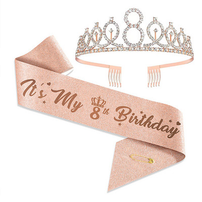 3 4 5 6 7 8 9 Kalnų krištolinio akmens karūna Tiara gimtadienio jubiliejaus papuošimas Su gimtadieniu Satin Sash Vakarėlio reikmenys
