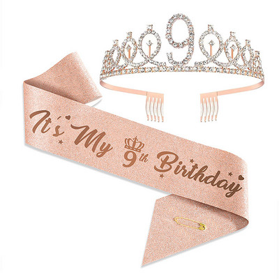 3 4 5 6 7 8 9 Kalnų krištolinio akmens karūna Tiara gimtadienio jubiliejaus papuošimas Su gimtadieniu Satin Sash Vakarėlio reikmenys