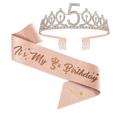 3 4 5 6 7 8 9 Kalnų krištolinio akmens karūna Tiara gimtadienio jubiliejaus papuošimas Su gimtadieniu Satin Sash Vakarėlio reikmenys