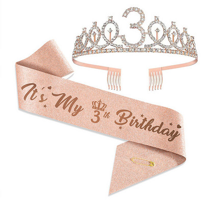 3 4 5 6 7 8 9 Kalnų krištolinio akmens karūna Tiara gimtadienio jubiliejaus papuošimas Su gimtadieniu Satin Sash Vakarėlio reikmenys