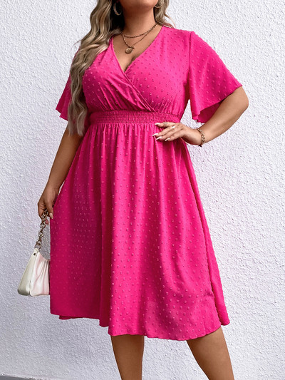 Nagy méretű pöttyös női ruha egyszínű rövid ujjú ruhák Mély V nyakú irodai női köntös Nyári női napruha ruhák