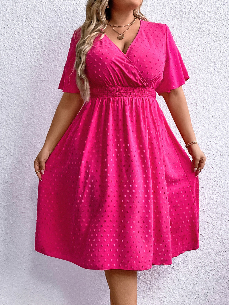 Nagy méretű pöttyös női ruha egyszínű rövid ujjú ruhák Mély V nyakú irodai női köntös Nyári női napruha ruhák