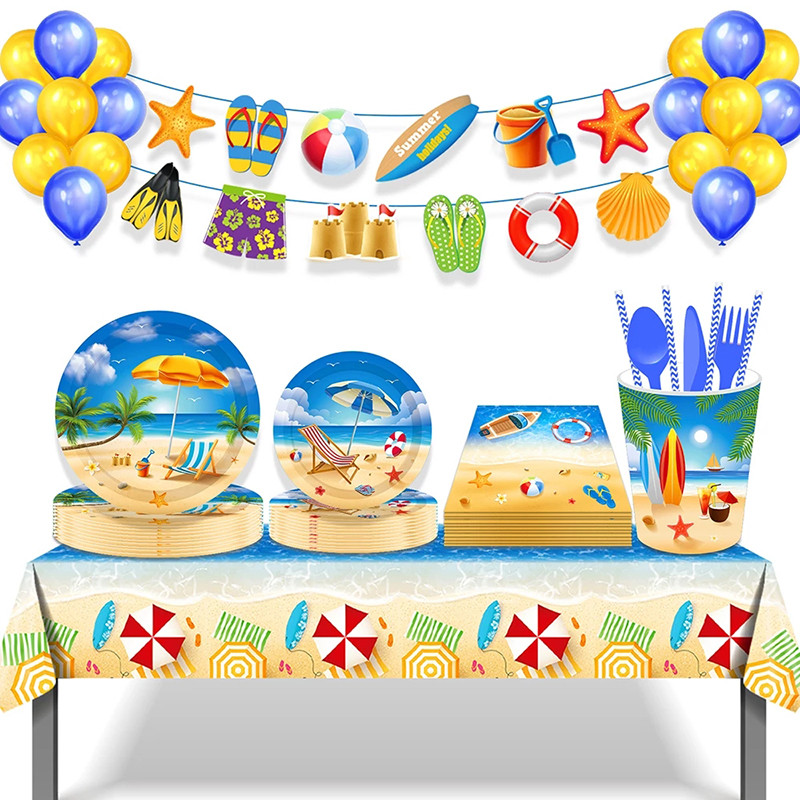 Plaukimo baseinas Reivo vakarėlio dekoracijos Su gimtadieniu Vienkartiniai stalo reikmenys Popieriniai lėkštės Puodeliai Balionai Havajietiški vestuvių reikmenys