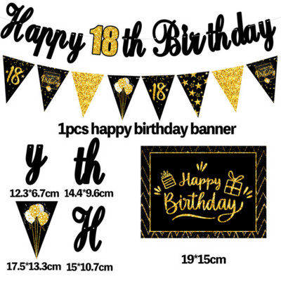 Zelts, melns, daudz laimes 18. 30. 40. 50. 60. dzimšanas dienā, reklāmkarogs, karājas, vītnes