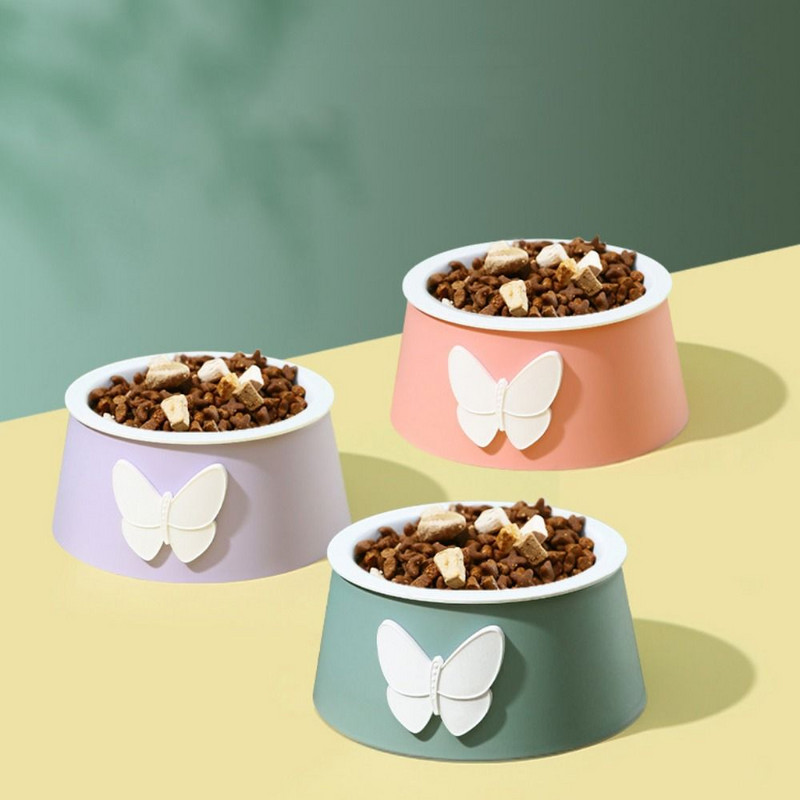 Balta porcelāna tauriņa imitācijas kaķu bļoda, plastmasas pret apgāšanos kucēnu barošanas trauks, noņemams multfilmas tauriņš