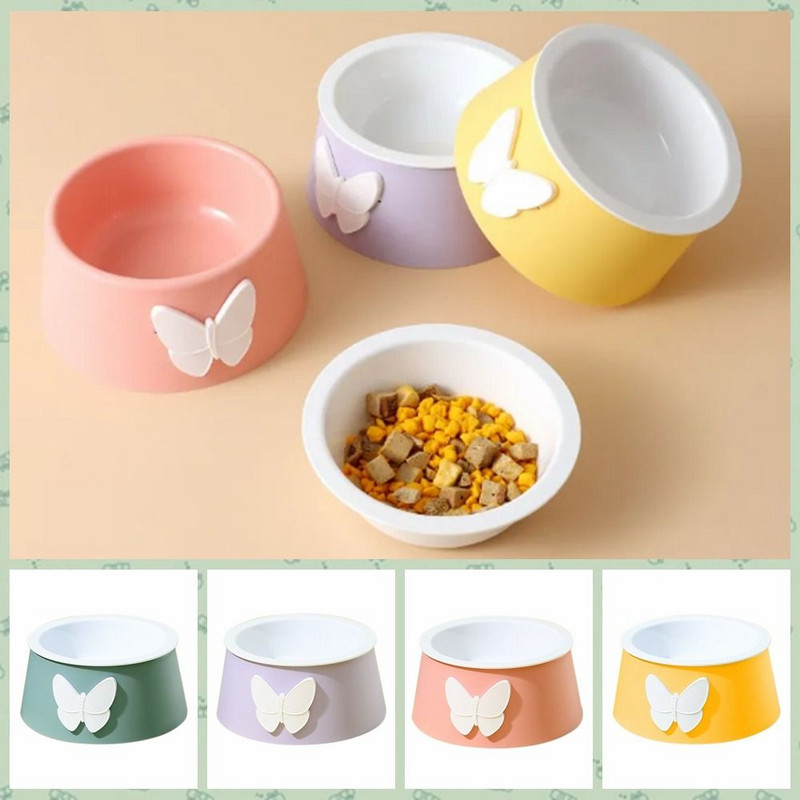 Balta porcelāna tauriņa imitācijas kaķu bļoda, plastmasas pret apgāšanos kucēnu barošanas trauks, noņemams multfilmas tauriņš