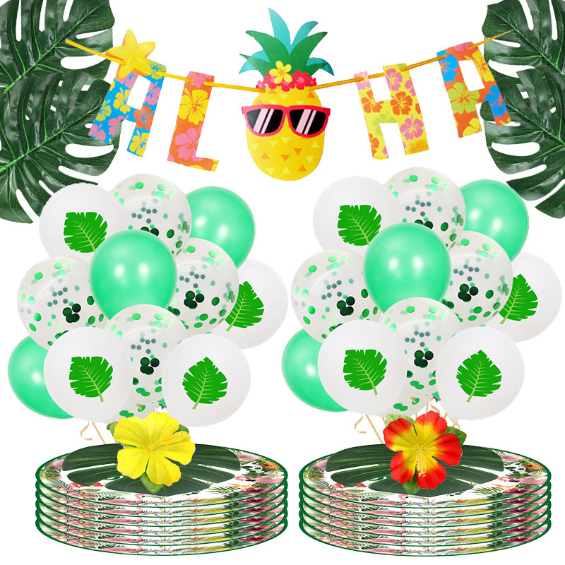 Havaju mākslīgās tropiskās palmu lapas Vasaras džungļu tematiskā ballīte Kāzu dzimšanas diena Mājas dekorēšana Flamingo Luau ALOHA ballīte