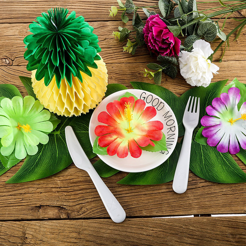 Havaju mākslīgās tropiskās palmu lapas Vasaras džungļu tematiskā ballīte Kāzu dzimšanas diena Mājas dekorēšana Flamingo Luau ALOHA ballīte