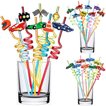 Race Car Party Faver 8 τμχ 25cm Επαναχρησιμοποιούμενο Race Car Drinking Straw Two Fast Party Επαναχρησιμοποιούμενο Πλαστικό Drinking Straw Boy Birthday Deco