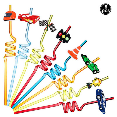 Versenyautó Party Faver 8db 25cm Újrafelhasználható Versenyautó szívószál Két Fast Party Újrafelhasználható Műanyag szívószálka Fiú születésnapi Deco