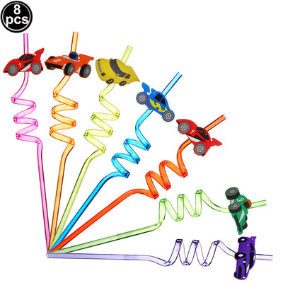 Versenyautó Party Faver 8db 25cm Újrafelhasználható Versenyautó szívószál Két Fast Party Újrafelhasználható Műanyag szívószálka Fiú születésnapi Deco