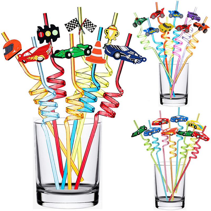 Versenyautó Party Faver 8db 25cm Újrafelhasználható Versenyautó szívószál Két Fast Party Újrafelhasználható Műanyag szívószálka Fiú születésnapi Deco