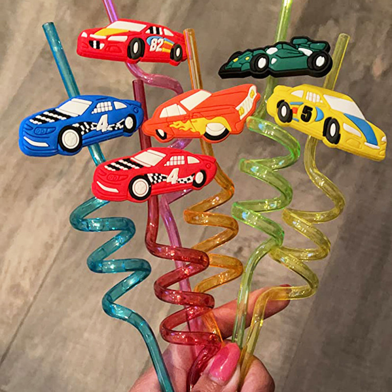 Versenyautó Party Faver 8db 25cm Újrafelhasználható Versenyautó szívószál Két Fast Party Újrafelhasználható Műanyag szívószálka Fiú születésnapi Deco