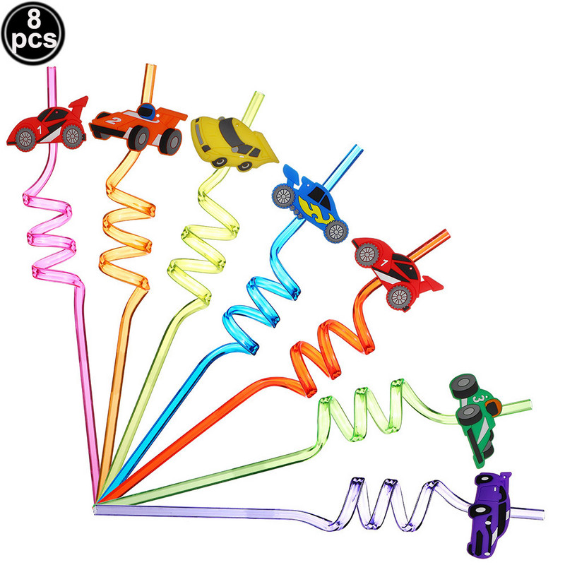 Versenyautó Party Faver 8db 25cm Újrafelhasználható Versenyautó szívószál Két Fast Party Újrafelhasználható Műanyag szívószálka Fiú születésnapi Deco