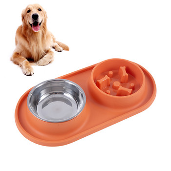 Практична универсална бавно ядеща непропусклива неръждаема стомана, безопасна противоплъзгаща се силиконова подложка, лесна за почистване двойна купа за кучета с гладък ръб